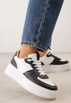 Biało-Czarne Sznurowane Sneakersy na Grubej Podeszwie Salsabil