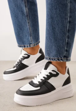 Biało-Czarne Sznurowane Sneakersy na Grubej Podeszwie Salsabil
