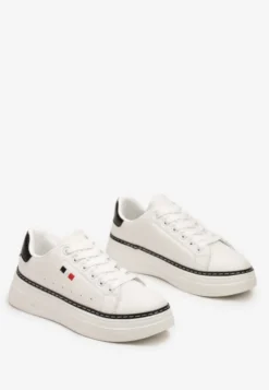 Biało-Czarne Sznurowane Sneakersy na Płaskiej Podeszwie z Lamówką Fedat