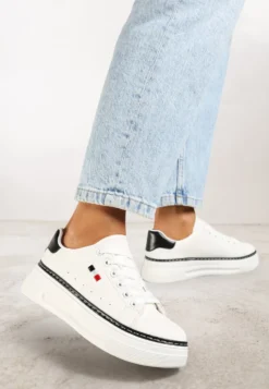 Biało-Czarne Sznurowane Sneakersy na Płaskiej Podeszwie z Lamówką Fedat