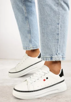 Biało-Czarne Sznurowane Sneakersy na Płaskiej Podeszwie z Lamówką Fedat