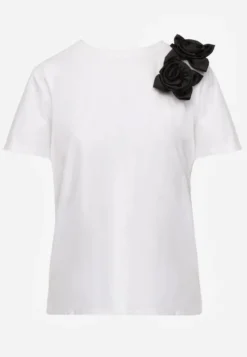 Biało-Czarny Bawełniany T-shirt o Klasycznym Kroju z Kwiatowymi Aplikacjami 3D Morgane