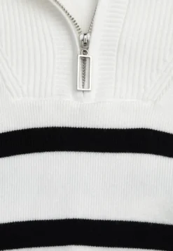 Biało-Czarny Golf Sweter ze Ściągaczami w Paski Zapinany na Suwak Likatte
