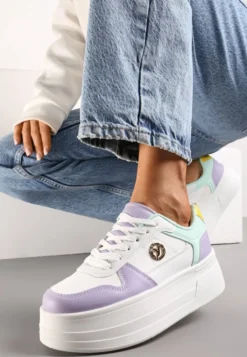 Biało-Fioletowe Sneakersy na Grubej Podeszwie Sznurowane z Metaliczną Aplikacją Ailtria