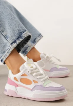 Biało-Fioletowe Sneakersy na Niskiej Platformie z Grubymi Sznurowadłami Vansyla