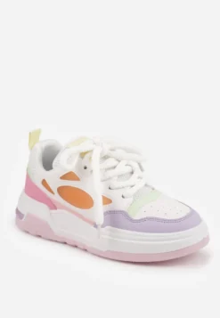 Biało-Fioletowe Sneakersy na Niskiej Platformie z Grubymi Sznurowadłami Vansyla