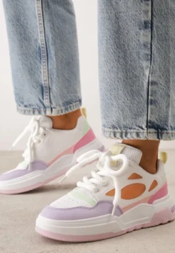 Biało-Fioletowe Sneakersy na Niskiej Platformie z Grubymi Sznurowadłami Vansyla