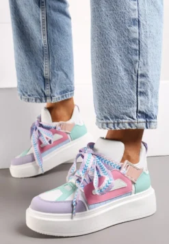 Biało-Fioletowe Sneakersy Na Niskiej Platformie z Szerokimi Sznurówkami we Wzorek Vidira