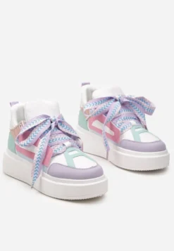 Biało-Fioletowe Sneakersy Na Niskiej Platformie z Szerokimi Sznurówkami we Wzorek Vidira