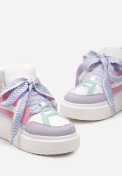 Biało-Fioletowe Sneakersy Na Niskiej Platformie z Szerokimi Sznurówkami we Wzorek Vidira