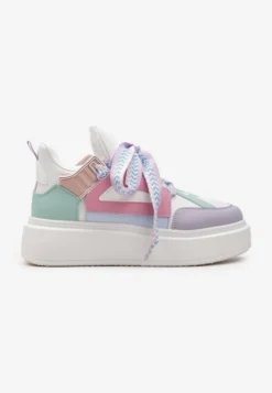 Biało-Fioletowe Sneakersy Na Niskiej Platformie z Szerokimi Sznurówkami we Wzorek Vidira