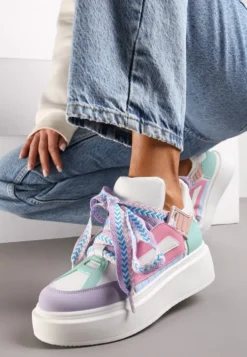 Biało-Fioletowe Sneakersy Na Niskiej Platformie z Szerokimi Sznurówkami we Wzorek Vidira