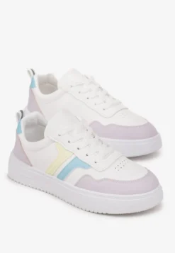 Biało-Fioletowe Sneakersy na Płaskiej Podeszwie z Kolorowymi Przeszyciami Niomie