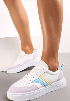 Biało-Fioletowe Sneakersy na Płaskiej Podeszwie z Kolorowymi Przeszyciami Niomie