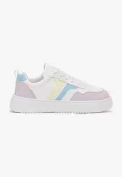 Biało-Fioletowe Sneakersy na Płaskiej Podeszwie z Kolorowymi Przeszyciami Niomie