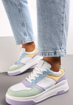 Biało-Fioletowe Sneakersy Sznurowane na Grubej Podeszwie Ainne
