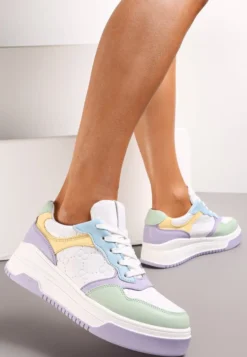 Biało-Fioletowe Sneakersy Sznurowane na Grubej Podeszwie Ainne