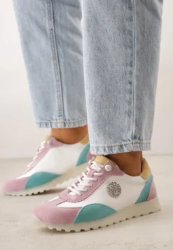 Biało-Fioletowe Sneakersy ze Skóry Naturalnej Ozdobione Metaliczną Aplikacją Tidina