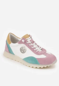 Biało-Fioletowe Sneakersy ze Skóry Naturalnej Ozdobione Metaliczną Aplikacją Tidina