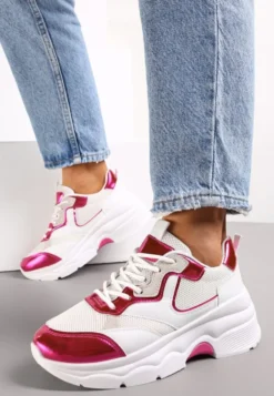 Biało-Fuksjowe Sneakersy na Grubej Podeszwie ze Wstawkami z Perforacją Lanya