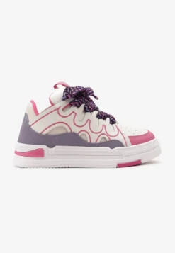 Biało-Fuksjowe Sneakersy na Platformie z Grubymi Kolorowymi Sznurówkami Adrianu