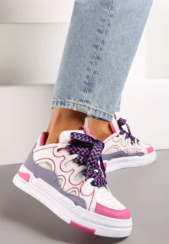 Biało-Fuksjowe Sneakersy na Platformie z Grubymi Kolorowymi Sznurówkami Adrianu