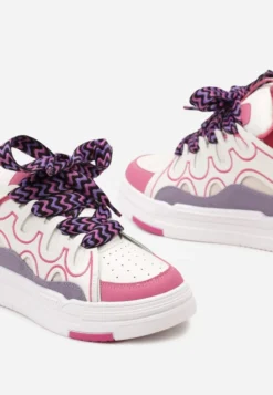 Biało-Fuksjowe Sneakersy na Platformie z Grubymi Kolorowymi Sznurówkami Adrianu