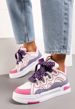 Biało-Fuksjowe Sneakersy na Platformie z Grubymi Kolorowymi Sznurówkami Adrianu