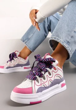 Biało-Fuksjowe Sneakersy na Platformie z Grubymi Kolorowymi Sznurówkami Adrianu
