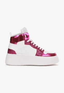 Biało-Fuksjowe Sznurowane Sneakersy za Kostkę z Brokatem i Metalicznymi Wstawkami Sareena