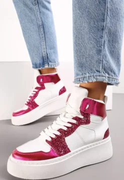 Biało-Fuksjowe Sznurowane Sneakersy za Kostkę z Brokatem i Metalicznymi Wstawkami Sareena
