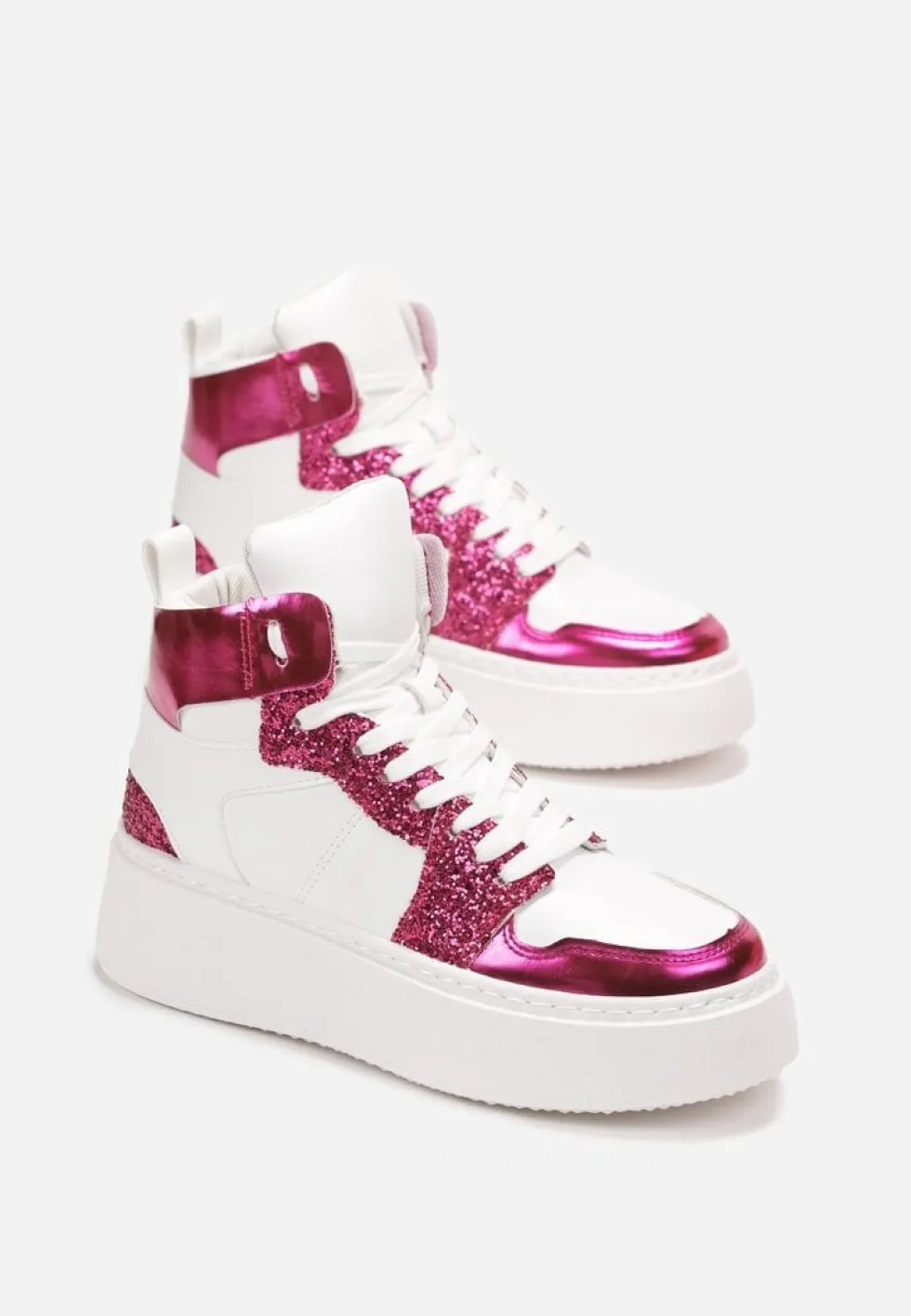 Biało-Fuksjowe Sznurowane Sneakersy za Kostkę z Brokatem i Metalicznymi Wstawkami Sareena