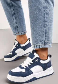 Biało-Granatowe Sneakersy na Grubej Podeszwie z Cholewką Przed Kostkę Alriel