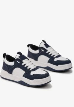 Biało-Granatowe Sneakersy na Grubej Podeszwie z Cholewką Przed Kostkę Alriel