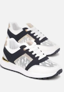 Biało-Granatowe Sznurowane Sneakersy z Nadrukowanymi Literami Dandia