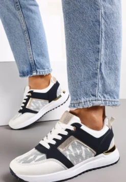 Biało-Granatowe Sznurowane Sneakersy z Nadrukowanymi Literami Dandia