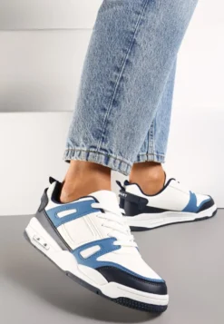 Biało-Granatowe Sznurowane Sneakersy Sportowe z Licznymi Wstawkami Gwendias