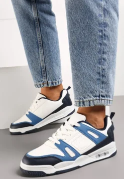 Biało-Granatowe Sznurowane Sneakersy Sportowe z Licznymi Wstawkami Gwendias