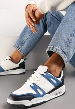 Biało-Granatowe Sznurowane Sneakersy Sportowe z Licznymi Wstawkami Gwendias