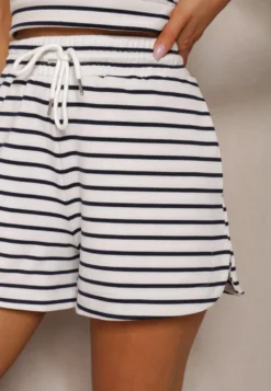 Biało-Granatowe Szorty Dresowe High Waist z Bawełny w Paski Ściągane Troczkiem Celisea