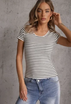 Biało-Granatowy Bawełniany T-shirt Koszulka w Paski z Krótkim Rękawem Fralea