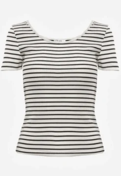 Biało-Granatowy Bawełniany T-shirt Koszulka w Paski z Krótkim Rękawem Fralea