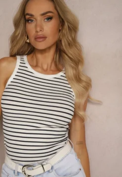 Biało-Granatowy Casualowy Bawełniany Top w Paski z Elastycznego Materiału Salea