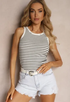 Biało-Granatowy Casualowy Bawełniany Top w Paski z Elastycznego Materiału Salea