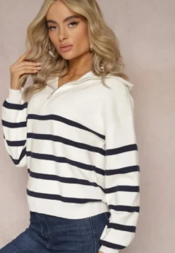 Biało-Granatowy Golf Sweter ze Ściągaczami w Paski Zapinany na Suwak Likatte