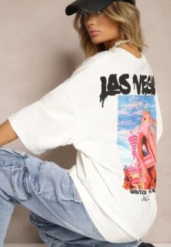 Biało-Kremowa Koszulka T-shirt o Kroju Oversize z Kolorowym Nadrukiem na Plecach Tarimea