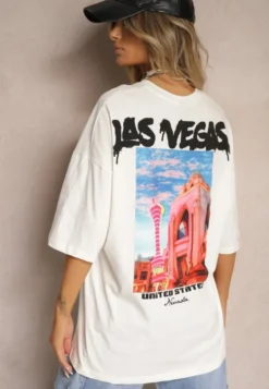 Biało-Kremowa Koszulka T-shirt o Kroju Oversize z Kolorowym Nadrukiem na Plecach Tarimea
