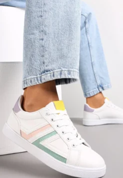 Biało-Miętowe Sznurowane Sneakersy na Płaskiej Podeszwie z Kolorowymi Wstawkami Karera