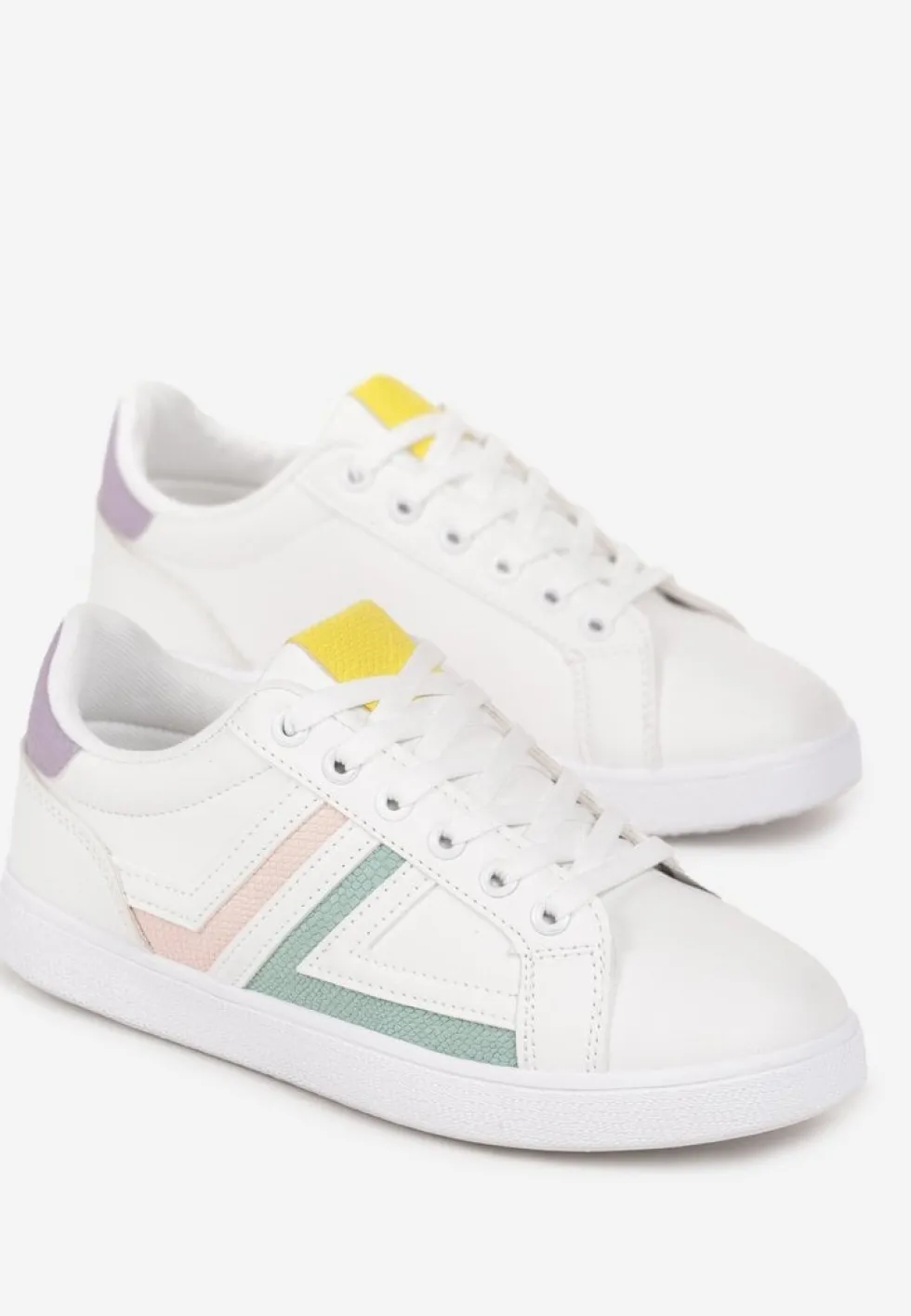 Biało-Miętowe Sznurowane Sneakersy na Płaskiej Podeszwie z Kolorowymi Wstawkami Karera