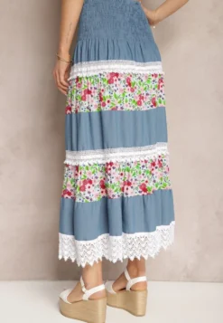 Biało-Niebieska Jeansowa Bawełniana Spódnica High Waist z Gumką w Talii i Ozdobną Koronką Tesaquin
